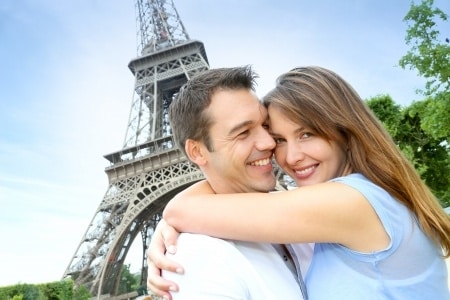 happy couple taking a picture and planning to get married