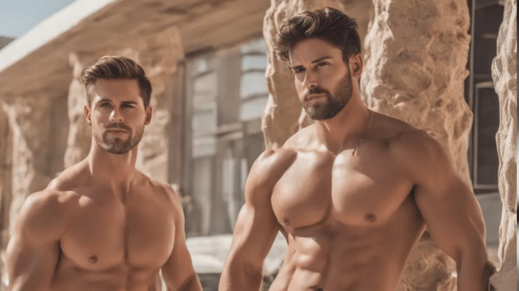 Two attractive men standing in the sun shirtless.