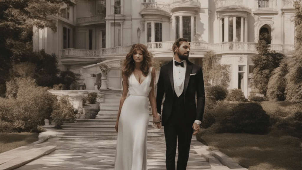 Attractive couple standing in front of a house